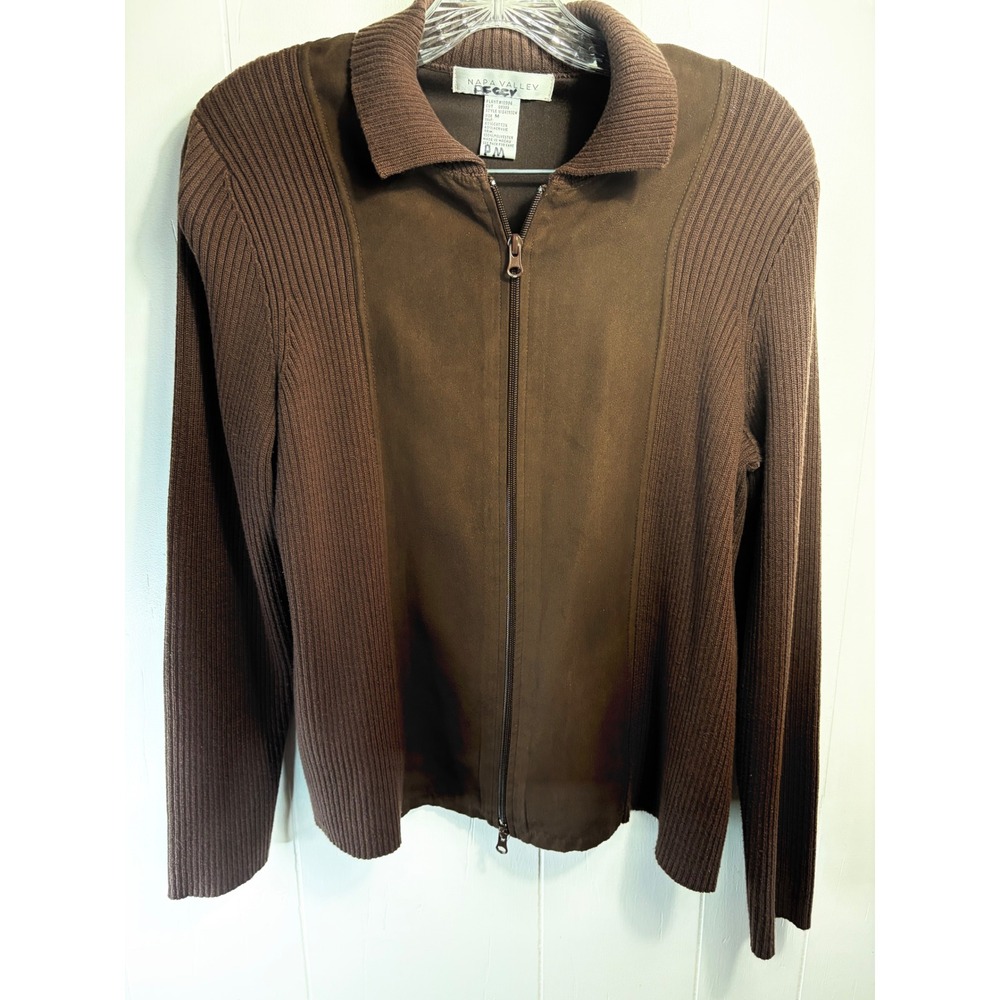 Napa Valley Peggy Brown Faux Suede Ribbed Knit Full Zip Cardigan Sweater PM